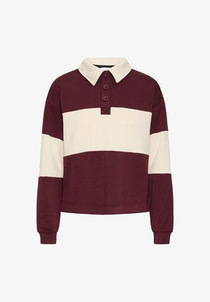 Pulóver a rayas en color marrón y crema con cuello tipo polo, tapeta de tres botones y mangas largas; textura suave y diseño corto.