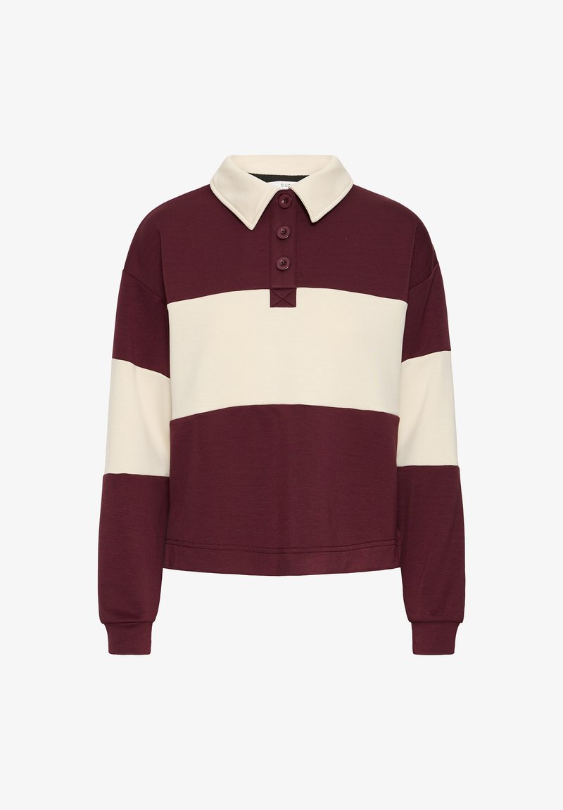 Pulóver a rayas en color marrón y crema con cuello tipo polo, tapeta de tres botones y mangas largas; textura suave y diseño corto.