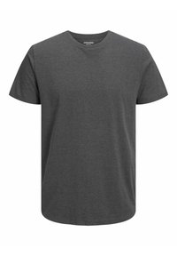 Camiseta de manga corta de color gris oscuro, confeccionada en suave algodón. Presenta un cuello redondo y un diseño sin adornos con una textura lisa.