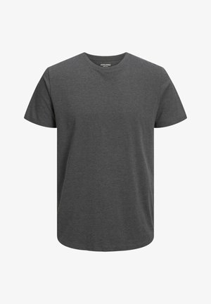 Tamsiai pilkas trumpas rankovės marškinėliai, pagaminti iš minkštos medvilnės. Yra apvalios kaklo iškirptės ir nepuoštas dizainas su lygiu paviršiumi.