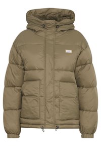 Olive green puffer jacket with a hood, featuring front pockets, elastic cuffs, and a drawstring hem. Soft, quilted texture.