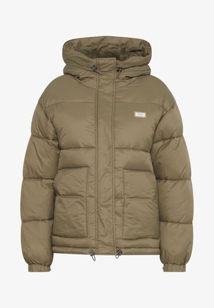 Olive green puffer jacket with a hood, featuring front pockets, elastic cuffs, and a drawstring hem. Soft, quilted texture.