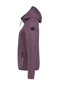 Fleece-Hoodie in dunklem Pflaumenton mit einem Reißverschluss vorne, großen Kapuze, seitlichen Taschen und einem runden schwarzen Logo auf der linken Schulter.
