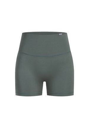 Szorty w wysokim stanie w stonowanym zielonym kolorze, wykonane z gładkiego, elastycznego materiału, z dopasowanym krojem i płaskimi szwami.