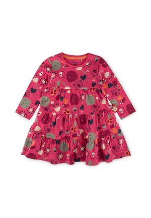 Langärmliges Kleid aus rosa Baumwolle mit schichtdesign, das Tiermotive, Herzen und Blumen in verschiedenen Farben zeigt.
