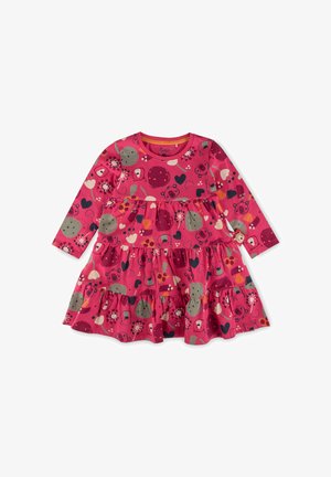 Abito a maniche lunghe in cotone rosa caratterizzato da un design a strati con stampe di animali, cuori e fiori di vari colori.