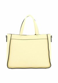 Sac fourre-tout synthétique jaune avec bordure noire, doté de deux poignées supérieures et d'une forme rectangulaire structurée. Pas de quincaillerie visible ni de motifs.