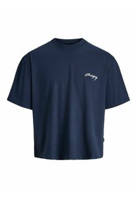 Marineblå kortermet T-skjorte laget av bomull, med rund hals og en liten hvit logo brodert på brystet. Avslappet passform.