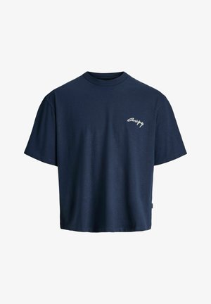 Navyblauw T-shirt met korte mouwen van katoen, voorzien van een ronde hals en een klein wit logo geborduurd op de borst. Ontspannen pasvorm.