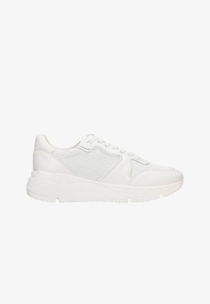 White sneakers with a mesh upper, smooth leather accents, rounded toe, patterned sole, and lace-up closure. Features a chunky, textured sole.