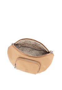 Bež torbica z zadrgo in sprednjim žepom ter vtisnjenim črko "B", ki prikazuje notranjo tkanino z natisnjenim ponavljajočim se besedilom "BOGNER".