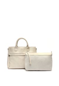 Beżowa skórzana torba na ramię z zaokrąglonymi uchwytami, przednią kieszenią na zamek błyskawiczny oraz odpinaną saszetką na zamek w dopasowanym kolorze i fakturze.