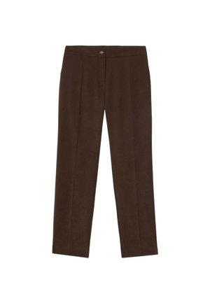 Pantalones rectos marrones hechos de tela suave con una textura lisa. Presentan un cierre frontal y un detalle de costura mínimo.