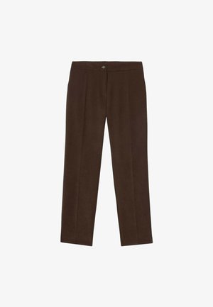 Bruine, straight-leg broek van zacht materiaal met een gladde textuur. Bevat een sluiting aan de voorkant en minimale stiksel-details.