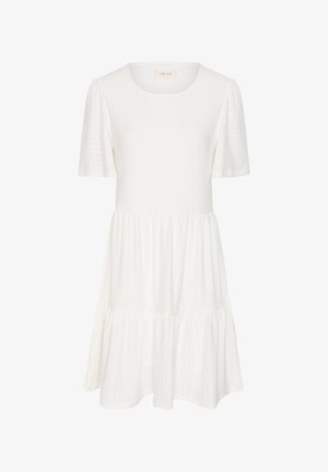 Vestito bianco a maniche corte con scollo rotondo, vita arricciata, gonna a balze e delicato motivo a occhielli su tutto il tessuto.