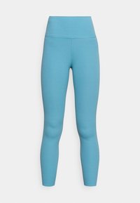 Blaue, hochtaillierte Leggings aus dehnbarem Material, mit einer glatten Textur und figurbetonendem Design, die an den Knöcheln zulaufen.