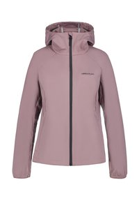 Světle růžová měkká bunda s kapucí, předním zipem, bočními kapsami na zip a elastickými manžetami; obsahuje černý detail loga na prsou.