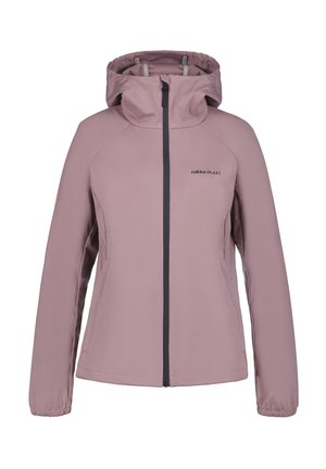 Světle růžová měkká bunda s kapucí, předním zipem, bočními kapsami na zip a elastickými manžetami; obsahuje černý detail loga na prsou.