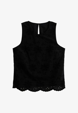 Schwarze ärmellose Bluse mit floralem Stickdesign, einem Schlüssellochdetail hinten und einem gewellten Saum mit ausgeschnittenen Akzenten. Weicher Stoff.