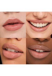 Fire nært bilde av lepper som viser ulike nyanser av nude leppestift. Teksturer varierer fra matt til glansfull. Funksjoner inkluderer synlige tenner og jevne former.