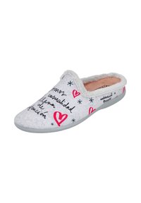 Zapatilla deslizante de un gris claro con un interior suave en rosa, decorada con texto manuscrito en negro y dibujos de corazones rojos.