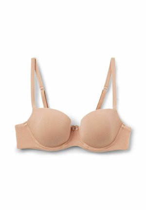 Soutien-gorge matelassé beige avec bretelles réglables, texture lisse, soutien avec armatures et détail de nœud décoratif au centre.