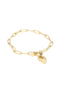 Pulsera de cadena en tono dorado que presenta eslabones alargados y un charm en forma de corazón decorado con pequeñas perlas. Diseño y textura distintivos.