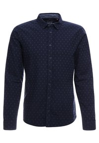 Marineblauwe button-up shirt van lichtgewicht stof met een subtiel all-over patroon en lange mouwen. Klassieke kraag en standaard pasvorm.
