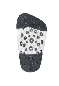 Schwarze und weiße gemusterte Socke mit einem strukturierten Design aus kreisförmigen Formen in unterschiedlichen Größen und glattem Material, die oben schmal zuläuft.