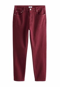 Burgundy jeans made of denim, featuring a slim fit, two front pockets, a coin pocket, and a button closure with silver hardware.