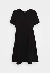 Black dress with short sleeves, V-neckline, and tiered design. Made from soft fabric with a solid color and a relaxed fit.