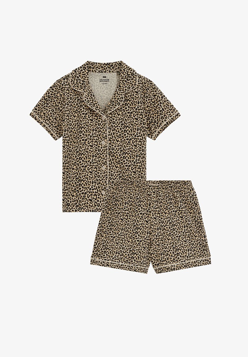 Ensemble pyjama composé d'un haut à manches courtes imprimé léopard avec boutons sur le devant, et d'un short assorti à taille élastique, agrémenté de petits passepoils clairs.