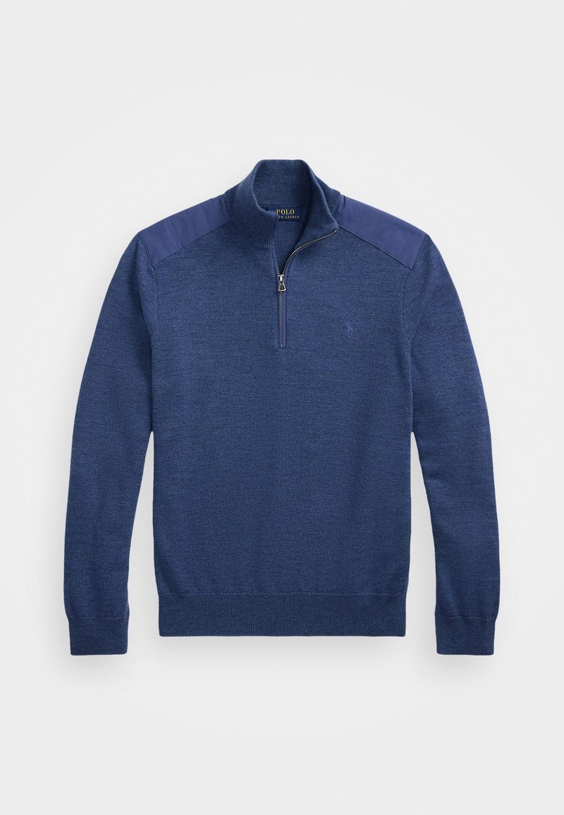 Pull pour hommes bleu à manches longues avec fermeture éclair au quart, poignets côtelés et patches aux épaules, posé à plat sur un fond blanc.