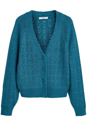 Cardigan tricoté bleu sarcelle à manches longues, fermeture par boutons, col en V et un motif ajouré en forme de cœur discret sur l'ensemble.