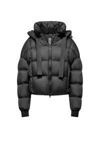 Zwarte cropped puffer jacket met een glanzende afwerking, voorzien van een hoge kraag, twee verticale banden en een ritssluiting. Gelaagd, gewatteerd ontwerp.