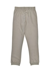 Light beige pants with an elastic waistband, tapered cuffs, and a smooth fabric texture, featuring a simple, minimalist design.