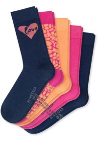 Fünf Paar bunte Socken; marineblau, pink, orange und gemusterte Optionen. Das blaue Paar hat ein Herzdesign. Aus Baumwollmischung.
