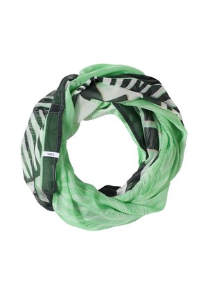 Écharpe infinie à motif vert clair et noir avec des rayures géométriques blanches et vert foncé, pliée en forme circulaire.