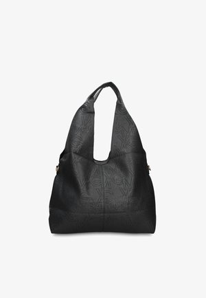 Black leather handbag with cut-out handle and subtle perforated geometric design, soft structured shape, and gold-tone hardware on sides.