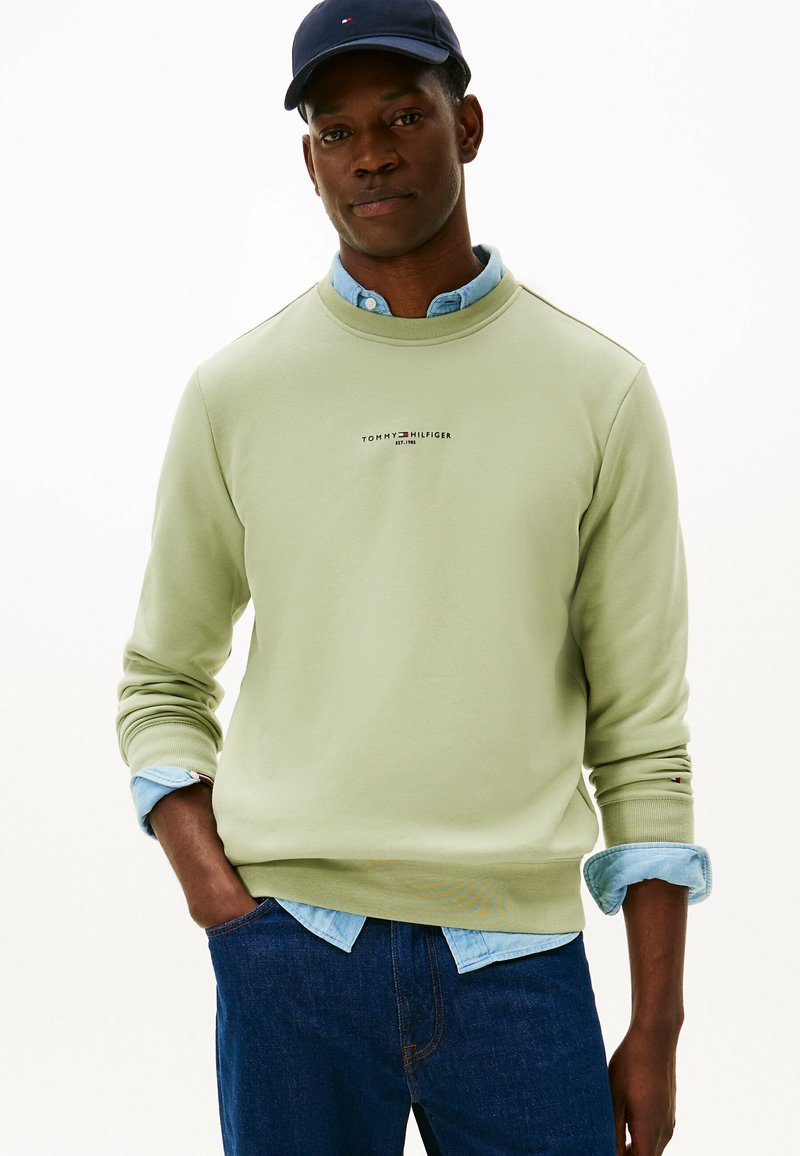 Felpa verde chiaro con polsini a coste, decorata con un piccolo logo. Indossata sopra una camicia azzurro chiaro con colletto, abbinata a jeans blu scuro.