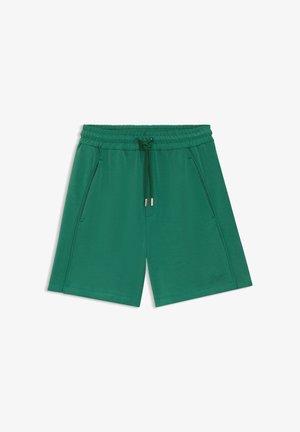 Groene casual korte broek met elastische tailleband en trekkoord, zijzakken en een klein geborduurd logo op de voorzoom.