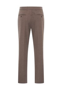 Brown, textured trousers featuring a slim fit, with two back pockets and subtle pinstripe pattern. Designed with a standard waistband and fasteners.