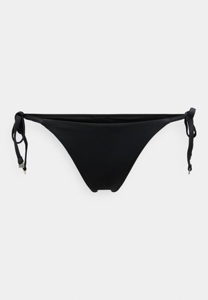 Črne spodnje bikini hlačke z zvezki ob straneh. Gladek material, nizek pas in minimalističen dizajn s skromnim pokrivanjem. Brez vzorcev ali dodatnih poudarkov.