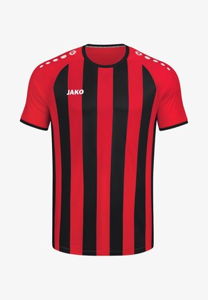 Czerwono-czarny sportowy strój z krótkim rękawem, okrągłym dekoltem i logo JAKO. Posiada pięć białych akcentujących kropek na ramionach.