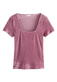Roze top met korte mouwen en een vierkante halslijn, voorzien van getextureerde strepen en een zachte, lichtgewicht stof. Geschikt voor casual wear.