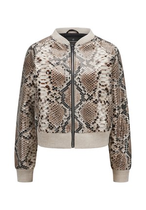 Bomberjacke mit braun-beigem Schlangenprintmuster, gerippten Bündchen, Kragen und Saum, vorn mit Reißverschluss.