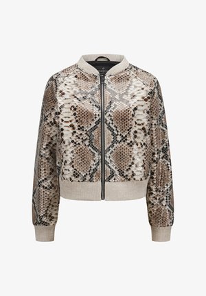 Bomberjacke mit braun-beigem Schlangenprintmuster, gerippten Bündchen, Kragen und Saum, vorn mit Reißverschluss.