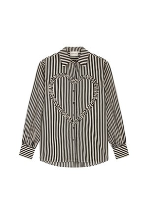 Zwart-wit gestreepte lange mouwen overhemd met knopen, voorzien van een gerimpelde hartomtrek aan de voorkant en een puntige kraag.