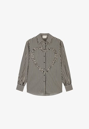 Zwart-wit gestreepte lange mouwen overhemd met knopen, voorzien van een gerimpelde hartomtrek aan de voorkant en een puntige kraag.