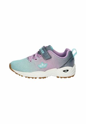 Children's athletic shoe featuring a gradient design in teal, purple, and grey. Lightweight mesh upper with a Velcro strap and textured sole.